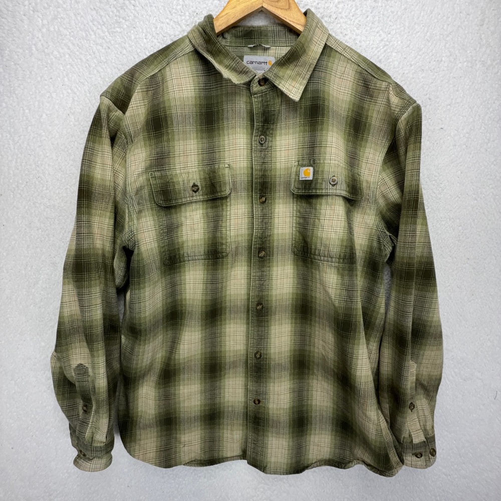 Carhartt Original Fit Heayweight Flannel Button Up Mens Large Plaid Green